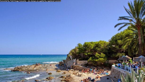 A beach with rocky terrain, palm trees, and a clear blue sky. - Lovely modern 2 bed apartment sleeps 4 FREE WiFi A/C, TV, private Pool & parking (Teulada)