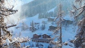 A snow-covered mountain village with multiple wooden houses, surrounded by trees and a clear sky. - Chalet - La Tzoumaz Verbier - on the slopes (La Tzoumaz)