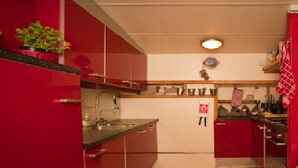 A kitchen with red cabinets, a wooden floor, a stainless steel sink, and a small potted plant on the counter.