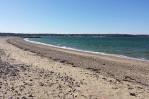 A beach with a sandy shore and calm water.