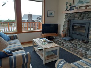 Smart TV, chimenea, reproductor de DVD y libros