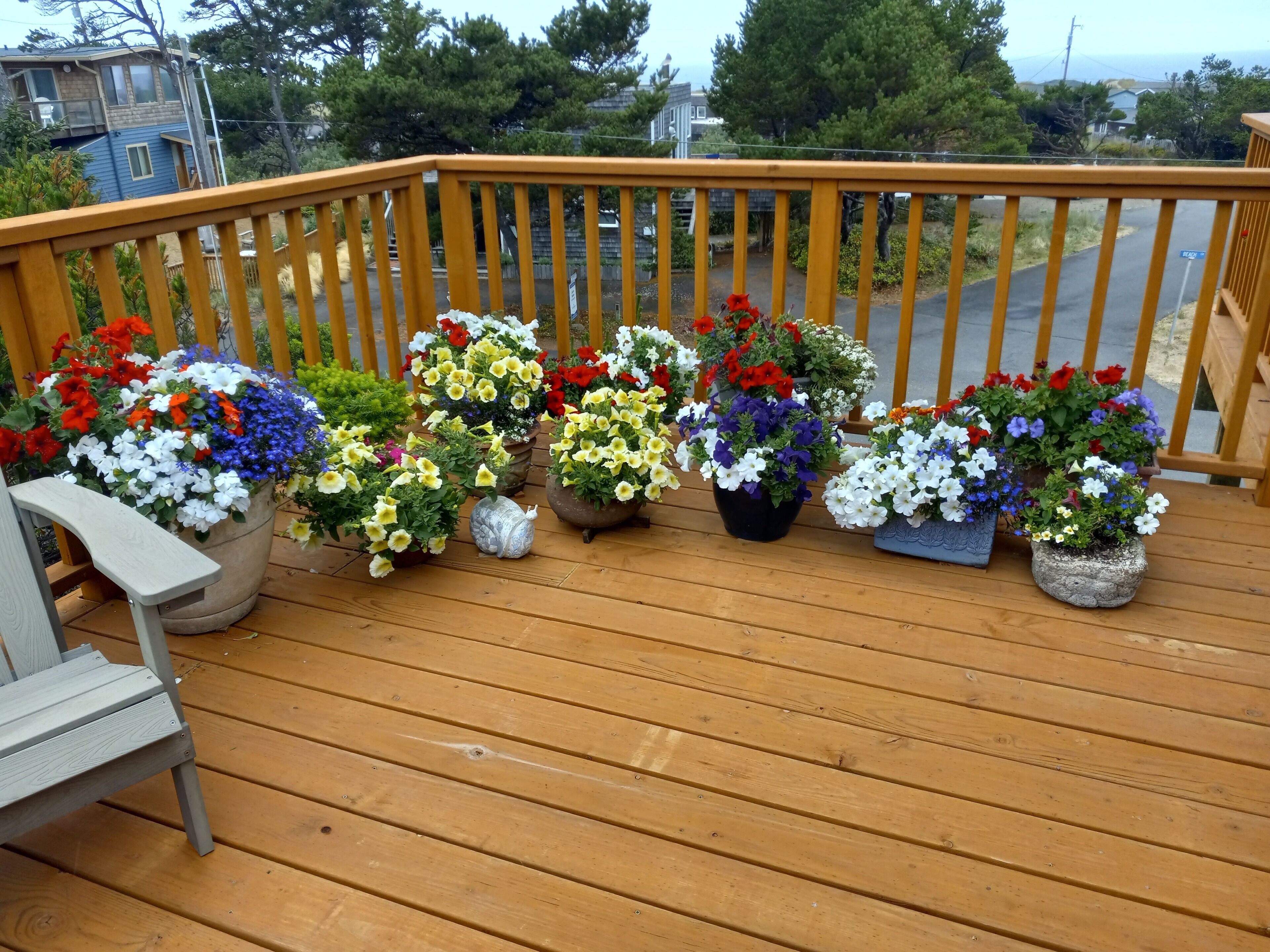 A wooden deck with potted flowers and a chair.