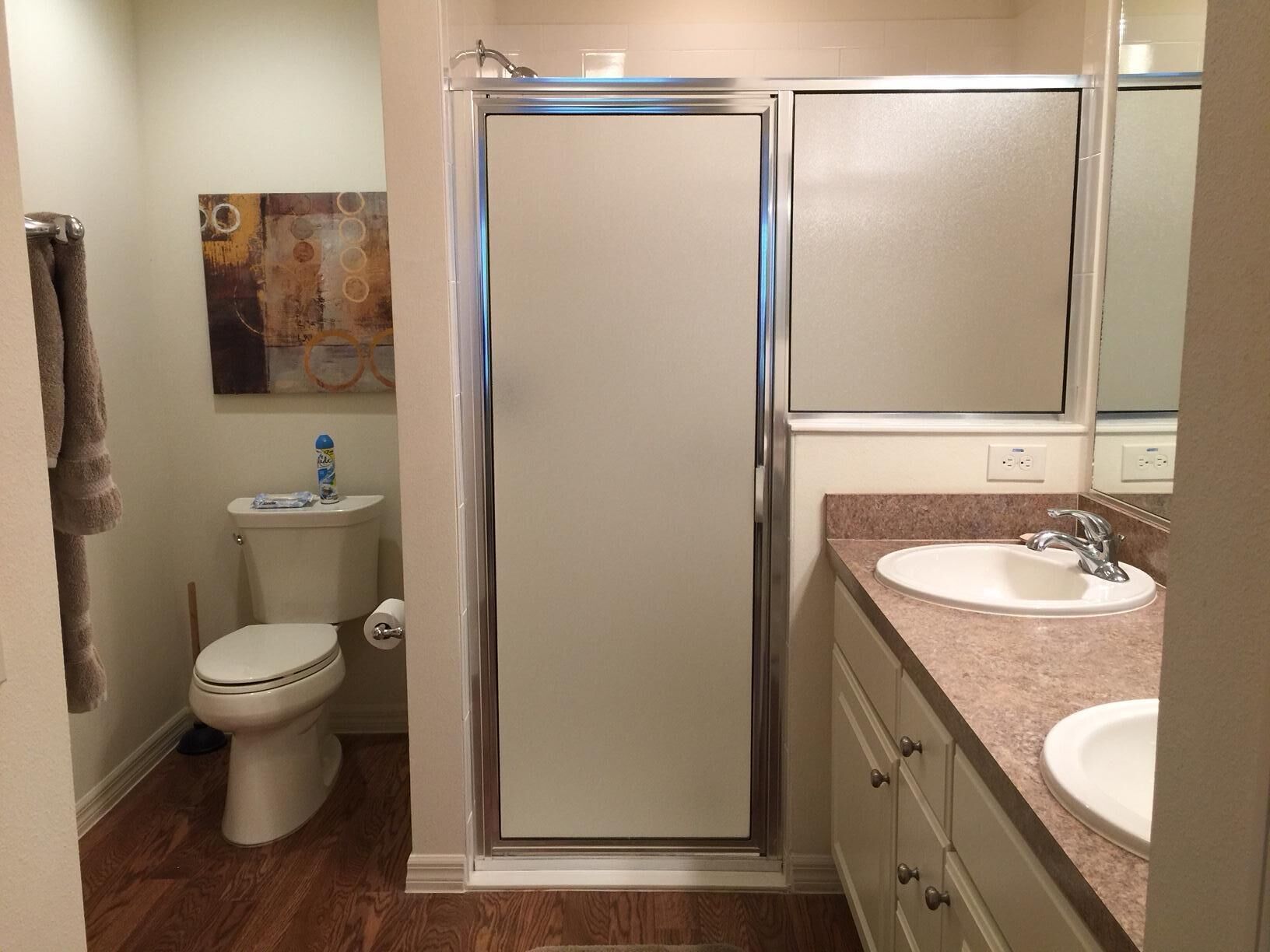 A bathroom with a walk-in shower, toilet, sink, and a mirror.