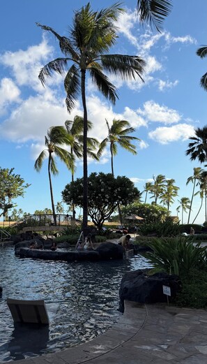 A pool area with palm trees, a bridge, and a statue.