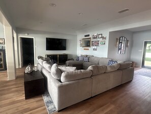 Smart TV, fireplace, video games, DVD player