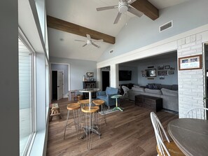 Smart TV, fireplace, video games, DVD player