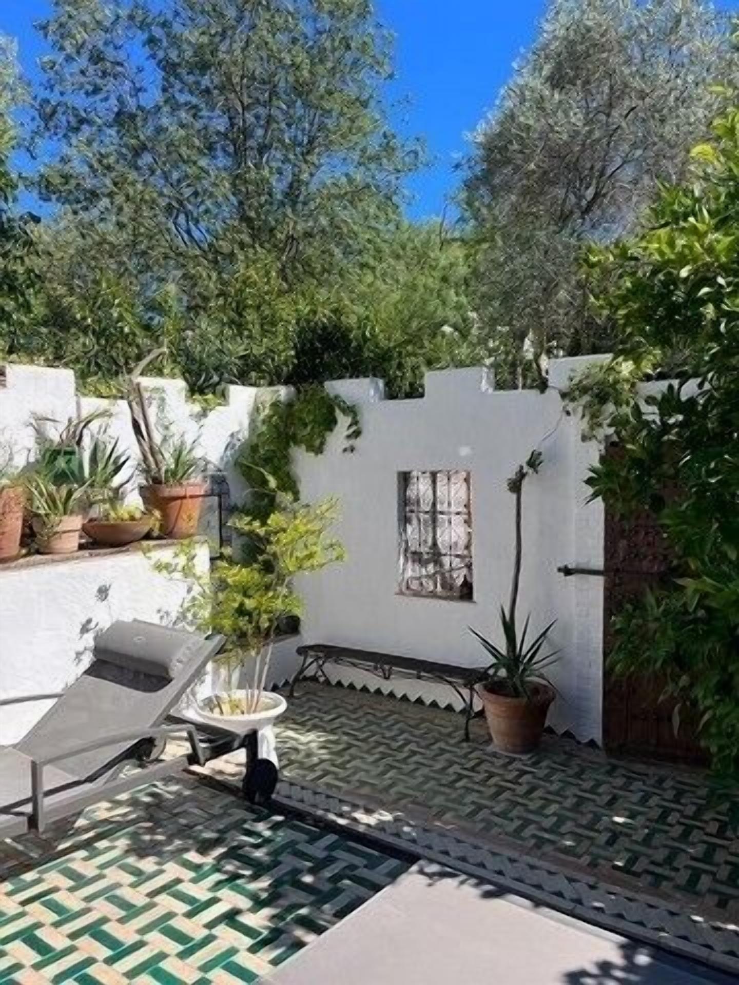 A patio with a pool table, potted plants, and a small window.