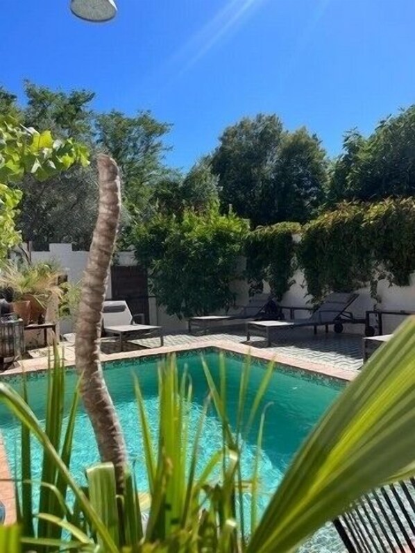 A swimming pool with a clear blue water, surrounded by lounge chairs and greenery. - Manor house with garden (Le Muy)