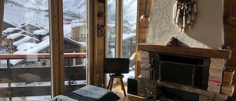 TV, fireplace, books, stereo