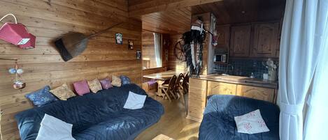 TV, fireplace, books, stereo