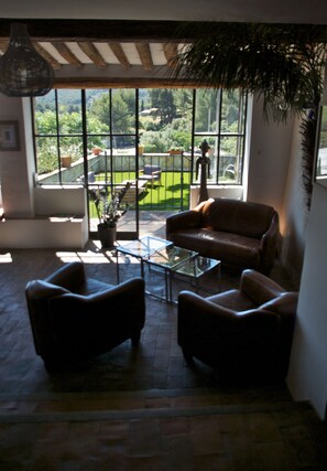 TV connectée, cheminée, lecteur de DVD, livres