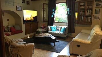 Télévision, cheminée, lecteur de DVD, table de tennis de table