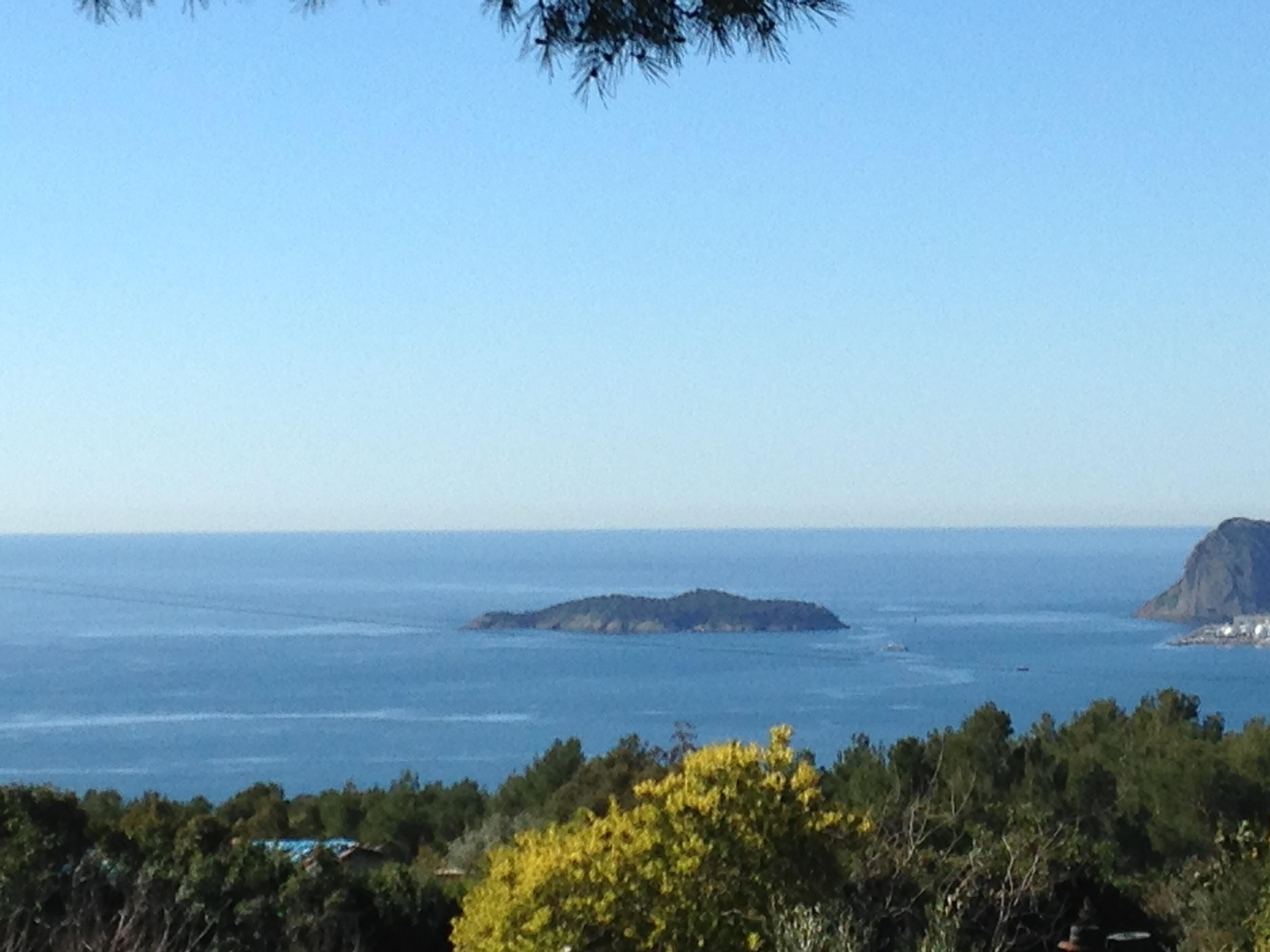 A coastal landscape with a small island in the distance, surrounded by clear blue water and a clear sky.