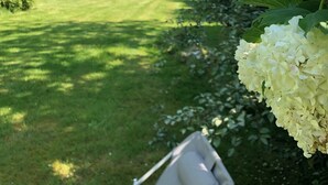 Hyvin hoidettu nurmikko, jossa on pensasaita ja valkoinen tuoli.
