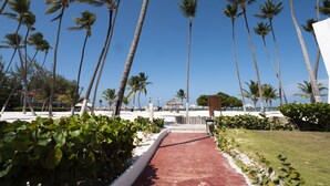 A pathway lined with palm trees leading to a beach area with a white building and a thatched-roof structure. - Fantastic Condo on the Beach. Relax and enjoy the breeze !!! (Bavaro)
