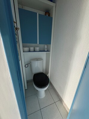Un bagno piccolo con il water, uno scaffale con articoli da toilette e un armadietto blu.