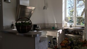 Een moderne keuken met een ingebouwde kookplaat, een gootsteen en een raam met uitzicht op een tuin.