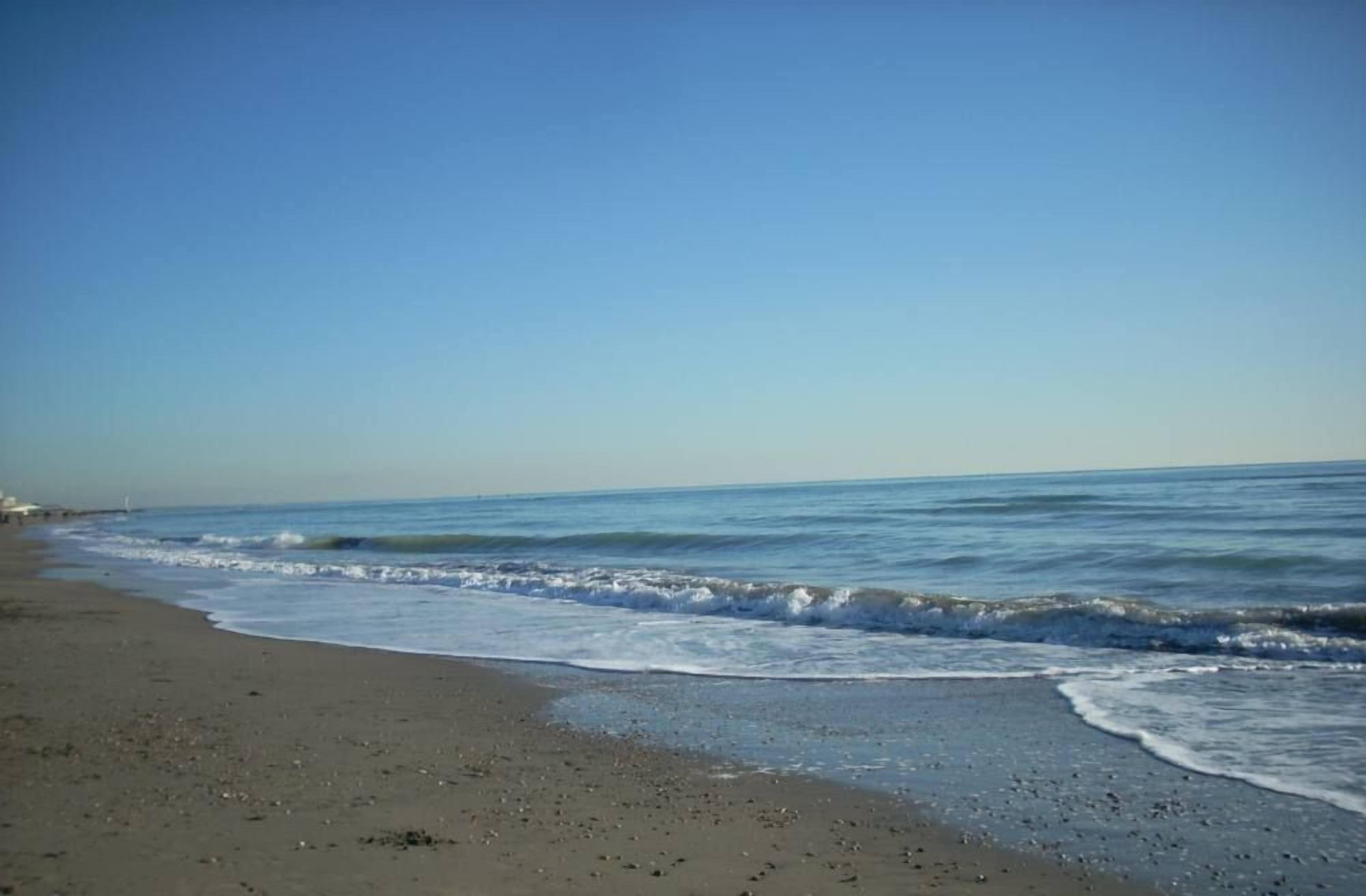 A beach with a clear sky and calm sea.
