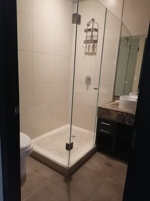 Hair dryer, towels, soap, toilet paper