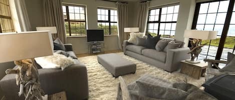 Smart TV, fireplace, DVD player, books