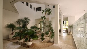 A spacious indoor atrium with multiple potted plants arranged in a central garden area, surrounded by white walls and a tiled floor.