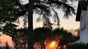 A sunset view with a hammock between trees, a building on the right, and a clear sky. - Lots of charm for this house 3 ears, brand new, with its unparalleled panoramic view (Courrensan)