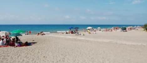Perto da praia, espreguiçadeiras
