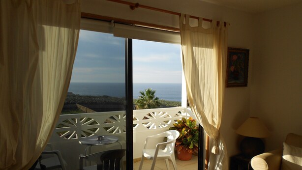 Un balcón con vista al mar, una mesa con sillas, una planta en maceta y un sofá.