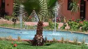 Ein Poolbereich mit Palme und Wasserspielen, umgeben von einem Garten mit verschiedenen Pflanzen und Blumen.