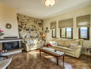 Smart TV, fireplace, DVD player, books