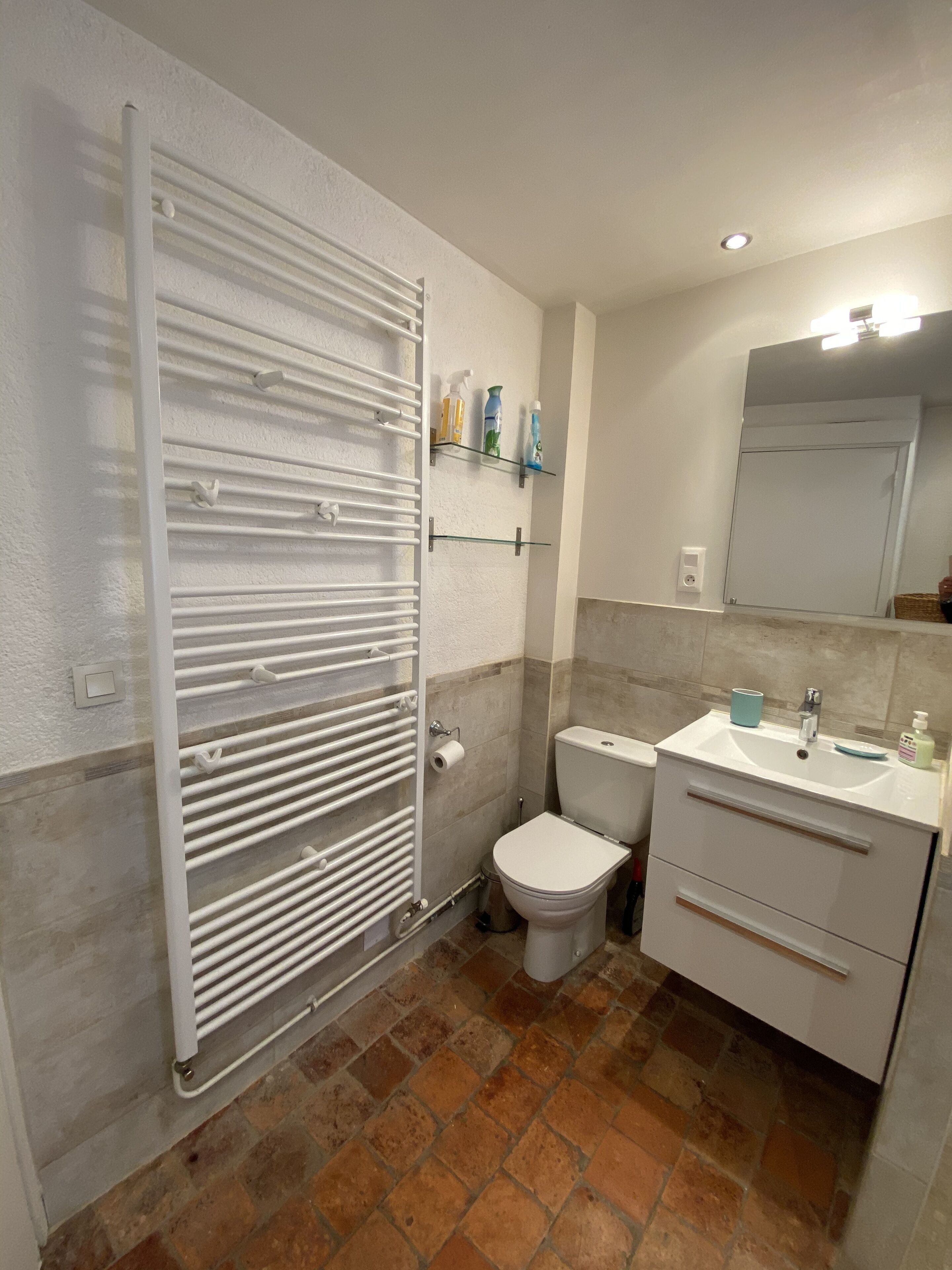 Een badkamer met een witte radiator, een toilet, een wastafel en een spiegel.