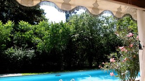 A swimming pool with clear blue water, surrounded by lush greenery and a potted plant with pink flowers. - Beautiful cottage with pool , LOIRE VALLEY close to ORLEANS .1 hour from Paris . (Saint-Jean-De-Braye)