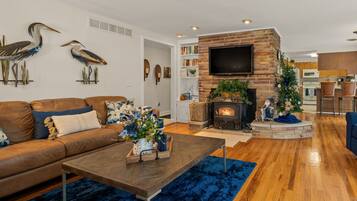 Televisión, chimenea, reproductor de DVD y libros