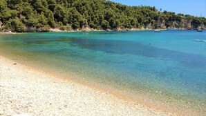 A beach with clear turquoise water, pebbly shore, and a forested hillside. - Alonissos, Old Village (Hora) wonderful apartment with amazing  clear sea views (Alonissos)