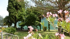 Un jardin agrémenté de fleurs roses, un sentier et une vue sur une étendue d’eau.