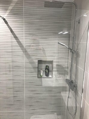 Regadera, secadora de cabello, toallas, papel de baño