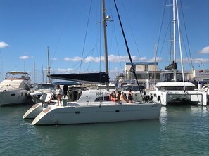 A marina with several sailboats docked.