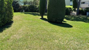 A well-maintained garden with neatly trimmed hedges and a clear sky. - Air conditioning, welcome pack, 3 bedroom, 2 bathroom, pool, tennis, parking (Antibes)