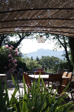 Un espace extérieur aménagé avec une table et des chaises, un luminaire suspendu, et une vue sur les arbres et les montagnes en arrière-plan.