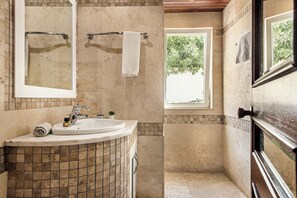 Combined shower/tub, hair dryer, bidet, towels