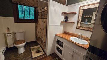 Shower, hair dryer, towels, toilet paper
