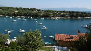 A coastal area with boats docked in a harbor, surrounded by greenery and buildings.