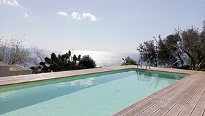 Une piscine rectangulaire avec une terrasse en bois, entourée de cactus et d’arbres, et offrant une vue sur une étendue d’eau.