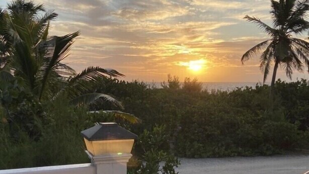 Vista del atardecer desde un balcón con baranda, palmeras y una playa al fondo.