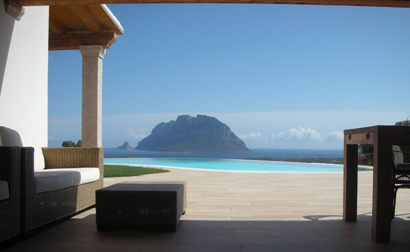 A patio with wicker furniture, a stone table, and a view of a clear blue sea and a distant island.