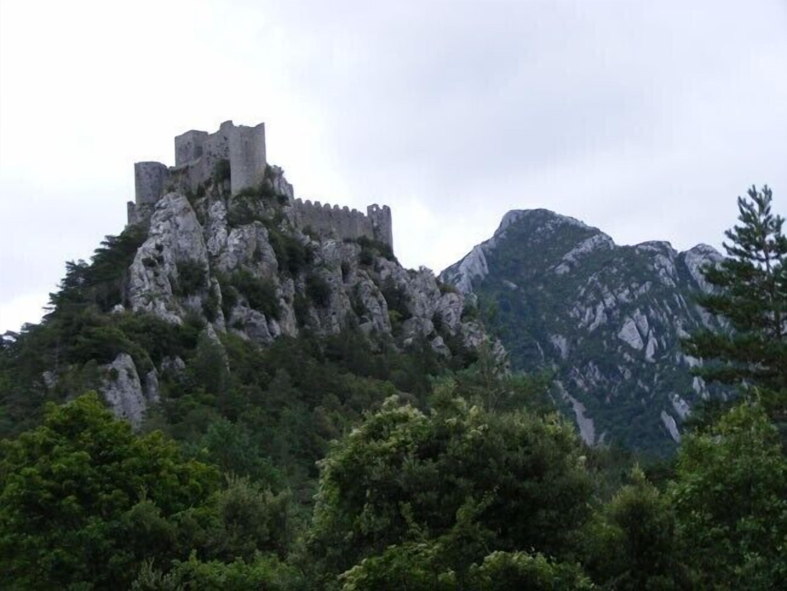A castle on a rocky hill with dense forest in the foreground.