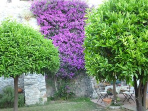 A garden with green shrubs and purple flowers, stone wall, and outdoor furniture.