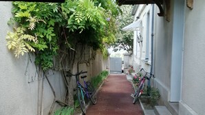 A narrow alleyway with bicycles parked on the sides, a red pathway, and greenery growing along the walls. - Beautiful 16th century house (Saumur)