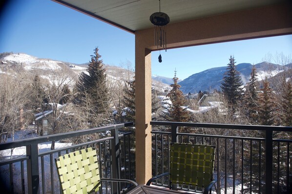 A balcony with a view of snow-covered mountains and trees.