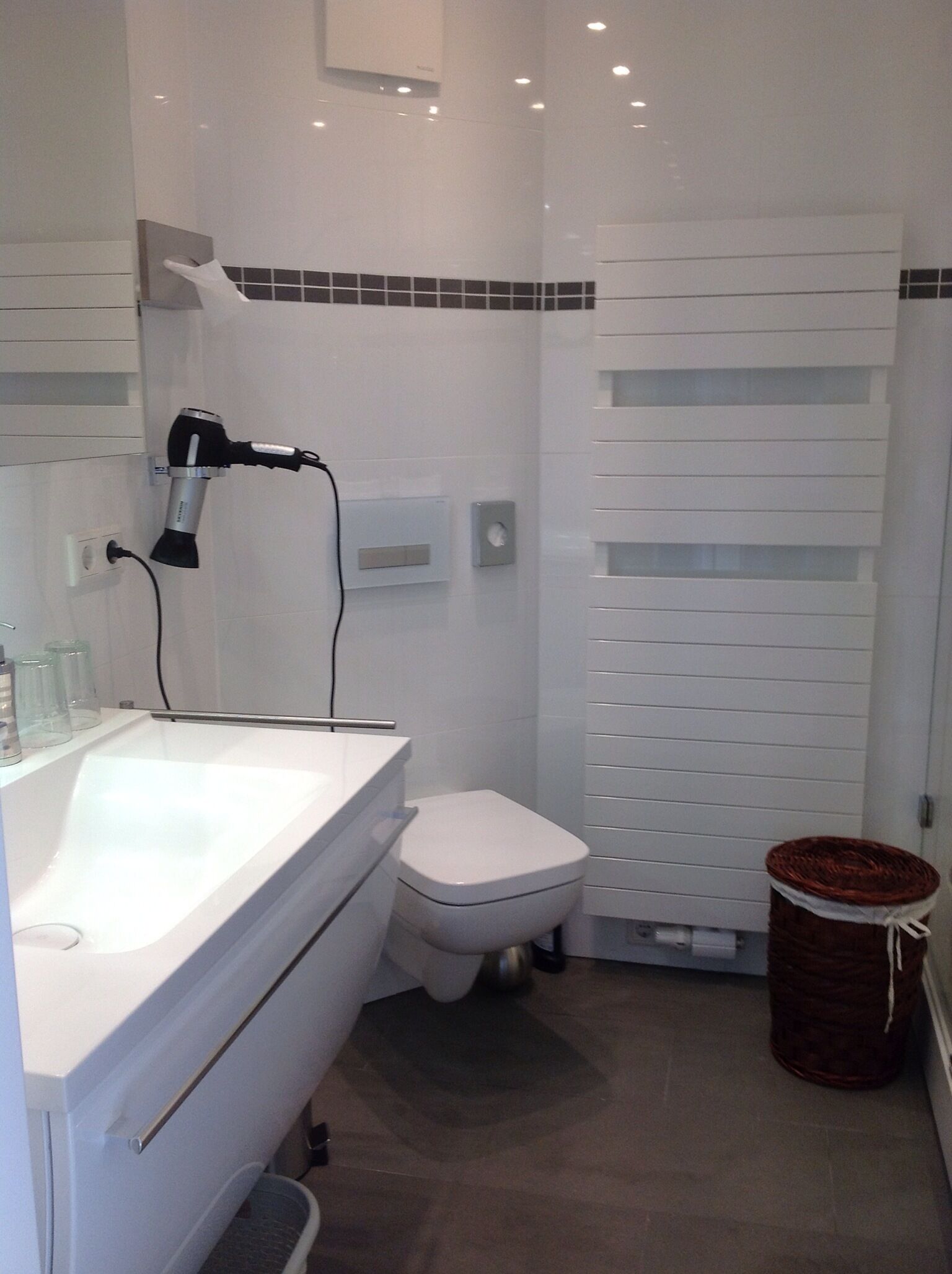 Et badeværelse med en hvid vask, en hårtørrer, toilet og skraldespand.